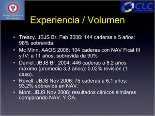 Experiencia / Volumen
• Treacy. JBJS Br. Feb 2006: 144 caderas a 5 años:
  98% sobrevida.
• Mc Minn. AAOS 2006: 104 caderas con NAV Ficat III
  y IV: a 11 años, sobrevida de 90%
• Daniel. JBJS Br. 2004: 446 caderas a 8,2 años
  máximo (promedio 3,3 años): 0,02% revisión (1
  caso).
• Revell. JBJS Nov 2006: 75 caderas a 6,1 años:
  93,2% sobrevida en NAV.
• Mont. JBJS Nov 2006: resultados clínicos similares
  comparando NAV. Y OA.
 