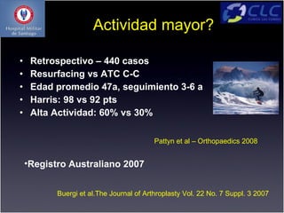 Actividad mayor?

•    Retrospectivo – 440 casos
•    Resurfacing vs ATC C-C
•    Edad promedio 47a, seguimiento 3-6 a
•    Harris: 98 vs 92 pts
•    Alta Actividad: 60% vs 30%

                                          Pattyn et al – Orthopaedics 2008


    •Registro Australiano 2007


           Buergi et al.The Journal of Arthroplasty Vol. 22 No. 7 Suppl. 3 2007
 
