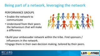 Being part of a network, leveraging the network
PERFORMANCE GROUPS
• Enable the network to
communicate
• Understand from their peers
the behaviours that will make
a difference
• Build your ambassador network within the tribe. Find sponsors /
influencers in the network.
• Engage them in their own decision making, tailored by their peers.
 