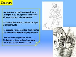 Causas
-Aumento de la producción Agrícola en
Los Siglos XI y XII d.c gracias a la nuevas
Técnicas agrícolas y herramientas.
-El arado sobre ruedas, molinos de agua,
El barbecho, etc.
-Se produjo mayor cantidad de alimentos
Que permite alimentar mayor población.
-Impulso el resurgimiento de las
Ciudades y el desarrollo del comercio
Con mayor fuerza desde el S. XIII
 
