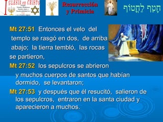 ‫וף‬ֹ‫ף‬‫חוט‬ֳ‫וט‬‫ל‬ַ‫ח‬ ‫וטף‬ַ‫ח‬‫ח‬ָResurrecciónResurrección
y Primiciay Primicia
Mt 27:51Mt 27:51 Entonces el velo delEntonces el velo del
templo se rasgó en dos, de arribatemplo se rasgó en dos, de arriba
abajo; la tierra tembló, las rocasabajo; la tierra tembló, las rocas
se partieron,se partieron,
Mt 27:52Mt 27:52 los sepulcros se abrieronlos sepulcros se abrieron
y muchos cuerpos de santos que habíany muchos cuerpos de santos que habían
dormido, se levantaron;dormido, se levantaron;
Mt 27:53Mt 27:53 y después que él resucitó, salieron dey después que él resucitó, salieron de
los sepulcros, entraron en la santa ciudad ylos sepulcros, entraron en la santa ciudad y
aparecieron a muchos.aparecieron a muchos.
 