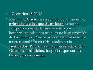 1 Corintios 15:20-23 Mas ahora  Cristo  ha resucitado de los muertos;   primicias de los que durmieron   es hecho. Porque por cuanto la muerte entró por un hombre, también por un hombre la resurrección de los muertos. Porque así como en Adán todos mueren, también en Cristo todos serán  vivificados .  Pero cada uno en su debido orden :  Cristo, las primicias; luego los que son de Cristo, en su venida. 