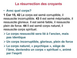 • Avec quel corps?
1 Cor 15, 42 Le corps est semé corruptible, il
ressuscite incorruptible. 43 Il est semé méprisable, il
ressuscite glorieux. Il est semé faible, il ressuscite
plein de force. 44 Il est semé corps naturel, il
ressuscite corps spirituel.
 Le corps ressuscité sera lié à l’ancien, mais
pas identique
 Un corps incorruptible, glorieux, plein de force
 Le corps naturel, « psychique », siège de
l’âme, deviendra un corps « spirituel », animé
par l’esprit
La résurrection des croyants
 
