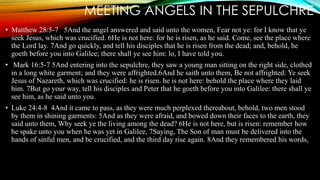 MEETING ANGELS IN THE SEPULCHRE 
• Matthew 28:5-7 5And the angel answered and said unto the women, Fear not ye: for I know that ye 
seek Jesus, which was crucified. 6He is not here: for he is risen, as he said. Come, see the place where 
the Lord lay. 7And go quickly, and tell his disciples that he is risen from the dead; and, behold, he 
goeth before you into Galilee; there shall ye see him: lo, I have told you. 
• Mark 16:5-7 5And entering into the sepulchre, they saw a young man sitting on the right side, clothed 
in a long white garment; and they were affrighted.6And he saith unto them, Be not affrighted: Ye seek 
Jesus of Nazareth, which was crucified: he is risen. he is not here: behold the place where they laid 
him. 7But go your way, tell his disciples and Peter that he goeth before you into Galilee: there shall ye 
see him, as he said unto you. 
• Luke 24:4-8 4And it came to pass, as they were much perplexed thereabout, behold, two men stood 
by them in shining garments: 5And as they were afraid, and bowed down their faces to the earth, they 
said unto them, Why seek ye the living among the dead? 6He is not here, but is risen: remember how 
he spake unto you when he was yet in Galilee, 7Saying, The Son of man must be delivered into the 
hands of sinful men, and be crucified, and the third day rise again. 8And they remembered his words, 
 
