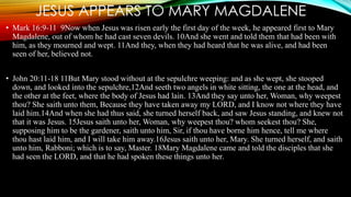 JESUS APPEARS TO MARY MAGDALENE 
• Mark 16:9-11 9Now when Jesus was risen early the first day of the week, he appeared first to Mary 
Magdalene, out of whom he had cast seven devils. 10And she went and told them that had been with 
him, as they mourned and wept. 11And they, when they had heard that he was alive, and had been 
seen of her, believed not. 
• John 20:11-18 11But Mary stood without at the sepulchre weeping: and as she wept, she stooped 
down, and looked into the sepulchre,12And seeth two angels in white sitting, the one at the head, and 
the other at the feet, where the body of Jesus had lain. 13And they say unto her, Woman, why weepest 
thou? She saith unto them, Because they have taken away my LORD, and I know not where they have 
laid him.14And when she had thus said, she turned herself back, and saw Jesus standing, and knew not 
that it was Jesus. 15Jesus saith unto her, Woman, why weepest thou? whom seekest thou? She, 
supposing him to be the gardener, saith unto him, Sir, if thou have borne him hence, tell me where 
thou hast laid him, and I will take him away.16Jesus saith unto her, Mary. She turned herself, and saith 
unto him, Rabboni; which is to say, Master. 18Mary Magdalene came and told the disciples that she 
had seen the LORD, and that he had spoken these things unto her. 
 