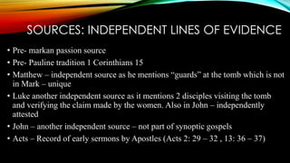 SOURCES: INDEPENDENT LINES OF EVIDENCE 
• Pre- markan passion source 
• Pre- Pauline tradition 1 Corinthians 15 
• Matthew – independent source as he mentions “guards” at the tomb which is not 
in Mark – unique 
• Luke another independent source as it mentions 2 disciples visiting the tomb 
and verifying the claim made by the women. Also in John – independently 
attested 
• John – another independent source – not part of synoptic gospels 
• Acts – Record of early sermons by Apostles (Acts 2: 29 – 32 , 13: 36 – 37) 
 