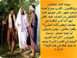 ‫يتحدثون‬ ‫كانوا‬ ‫وبينما‬
‫نفس‬ ‫يسوع‬ ‫اقترب‬ ، ‫ويتناقشون‬
‫ه‬
‫كانت‬ ‫عيونهم‬ ‫لكن‬ ، ‫معهم‬ ‫وذهب‬
‫عليه‬ ‫التعرف‬ ‫من‬ ‫كذلكأبقى‬
.
‫فقال‬
‫لهم‬
":
‫مع‬ ‫تناقشه‬ ‫الذي‬ ‫ما‬
‫المشي؟‬ ‫أثناء‬ ‫البعض‬ ‫بعضكما‬
"
‫حزينين‬ ‫يبدون‬ ، ‫ساكنين‬ ‫وقفوا‬
.
‫واسمه‬ ، ‫أحدهم‬ ‫أجابه‬ ‫ثم‬
، ‫كليوباس‬
"
‫الغريب‬ ‫أنت‬ ‫هل‬
‫يعرف‬ ‫ال‬ ‫الذي‬ ‫القدس‬ ‫في‬ ‫الوحيد‬
‫األيام؟‬ ‫هذه‬ ‫في‬ ‫هناك‬ ‫حدث‬ ‫ما‬
"
L 24.15
 