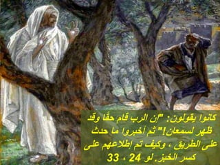 ‫يقولون‬ ‫كانوا‬
" :
‫وقد‬ ‫ا‬ً‫ق‬‫ح‬ ‫قام‬ ‫الرب‬ ‫إن‬
‫لسمعان‬ ‫ظهر‬
"!
‫حدث‬ ‫ما‬ ‫أخبروا‬ ‫ثم‬
‫على‬ ‫إطالعهم‬ ‫تم‬ ‫وكيف‬ ، ‫الطريق‬ ‫على‬
‫الخبز‬ ‫كسر‬
.
‫لو‬
24
،
33
 