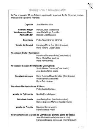 / 51
Resurrexit n.º 35 / Semana Santa 2014
	 Capellán:	 Juan Martínez Villar
	 Hermano Mayor:	 Manuel Jesús Martos Ruiz
	 Vice-hermano Mayor:	 José María Moya González
	 Administrador:	 Dolores López Laguna
	 Secretario:	 Pedro Ángel Charriel Sánchez
	 Vocalía de Caridad:	 Francisca Moral Ruiz (Coordinadora)
		 María Victoria López Casas
	Vocalías de Culto y Formación:	
		Francisca Navarrete Ruiz (Coordinadora)
		 María Gloria Ruiz Martínez
		 Maite Ramos Pérez
Vocalías de Casa de Hermandad y Convivencia:
		Simón Ramos Carrasco (Coordinador)
		 José Carlos Torres Marín
	 Vocalía de Jóvenes:	 María Eugenia Moya González (Coordinador)
		 Verónica Hernández Ortal
		 Rocío Ruiz Jiménez
	Vocalía de Manifestaciones Públicas:
		Pedro García Campos
	 Vocalía de Patrimonio:	 Nicolás Poveda López
	 Vocalía de banda:	 Juan Benito Ráez (banda de adultos)
		 Ramón Expósito Martínez (banda infantil)
	 Vocalía de Priostía:	 Salvador García Moreno
		 Francisco Ruiz Prieto
	Representantes en la Unión de Cofradías de Semana Santa de Úbeda:
		José Molina Alameda (miembro adulto)
		 Francisco Berzosa Consuegra (miembro joven)
la Paz el pasado 23 de febrero, quedando la actual Junta Directiva confor-
mada de la siguiente manera:
 
