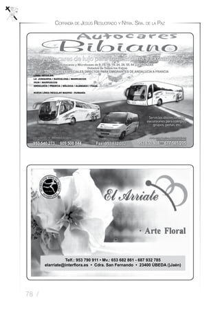 78 /
Cofradía de Jesús Resucitado y Ntra. Sra. de la Paz
Telf.: 953 790 911 • Mv.: 653 682 861 - 687 932 785
elarriate@interflora.es • Cdra. San Fernando • 23400 ÚBEDA ()Jaén)
 