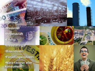 •RåvarorRåvaror
•MaskinerMaskiner
•ArbetskraftArbetskraft
•EnergiEnergi
•InvesteringarInvesteringar
•BasindustriBasindustri
•FörädlingsindustriFörädlingsindustri
•Nära råvaror ellerNära råvaror eller
konsument?konsument?
 