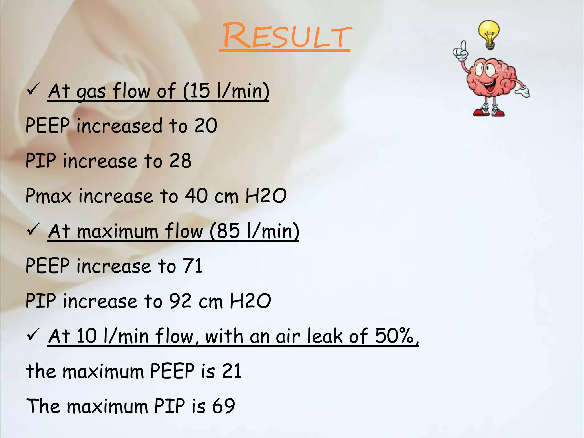  At gas flow of (15 l/min)
PEEP increased to 20
PIP increase to 28
Pmax increase to 40 cm H2O
 At maximum flow (85 l/min)
PEEP increase to 71
PIP increase to 92 cm H2O
 At 10 l/min flow, with an air leak of 50%,
the maximum PEEP is 21
The maximum PIP is 69
RESULT
 