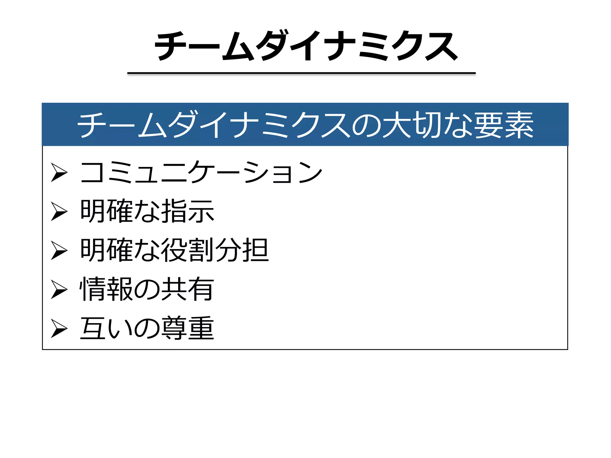 Ø  コミュニケーション
Ø  明確な指⽰
Ø  明確な役割分担
Ø  情報の共有
Ø  互いの尊重  
チームダイナミクス
チームダイナミクスの⼤切な要素
 