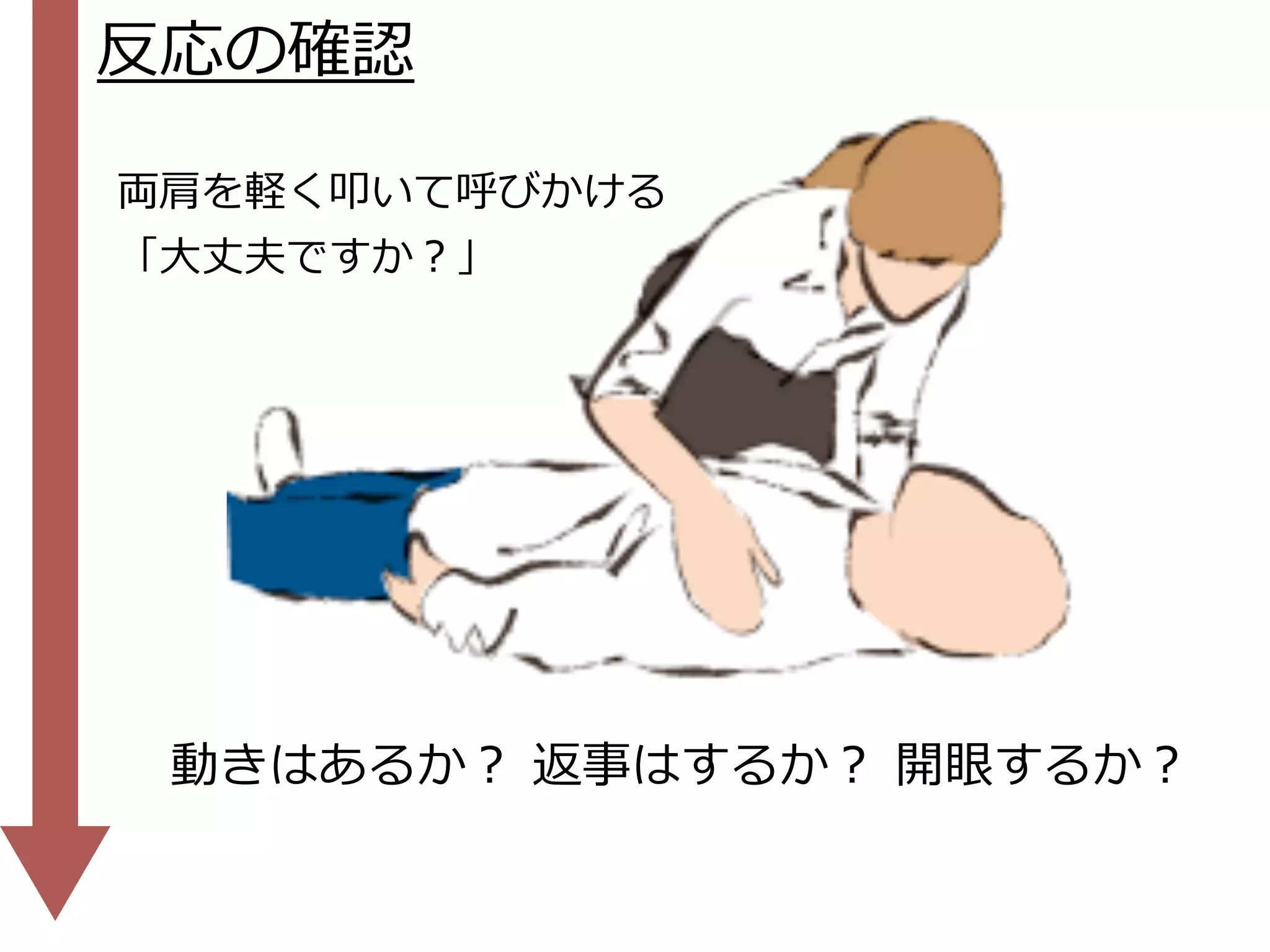 反応の確認
両肩を軽く叩いて呼びかける
「⼤丈夫ですか？」
動きはあるか？ 返事はするか？ 開眼するか？
 