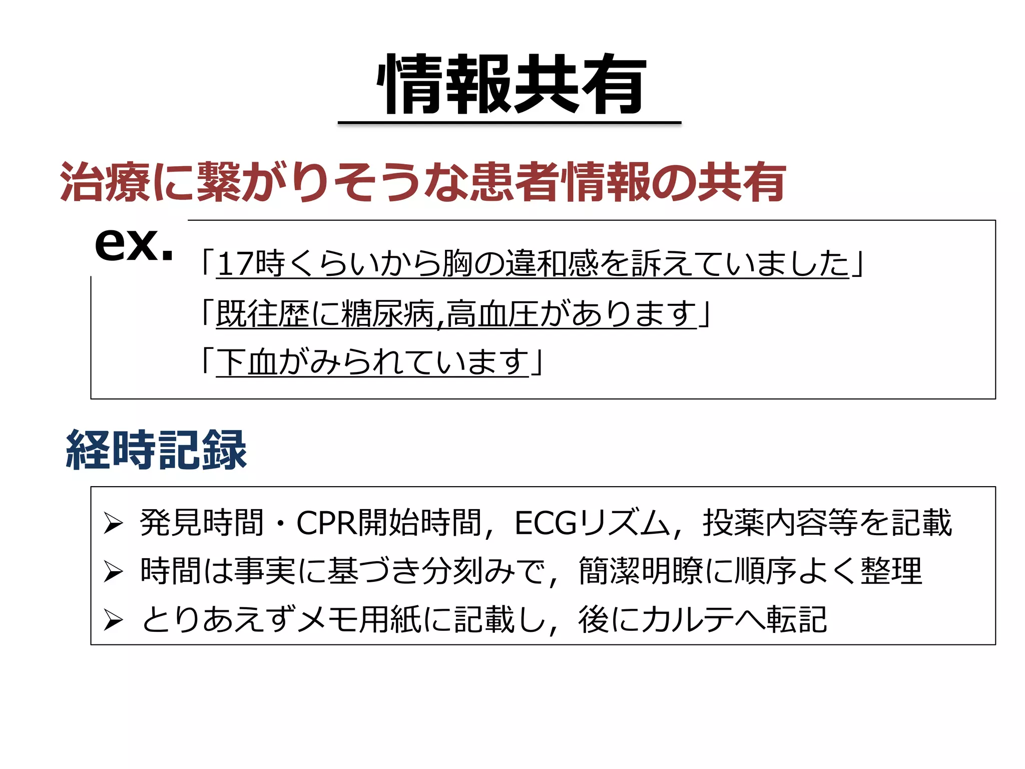 情報共有
Ø  発⾒時間・CPR開始時間，ECGリズム，投薬内容等を記載
Ø  時間は事実に基づき分刻みで，簡潔明瞭に順序よく整理
Ø  とりあえずメモ⽤紙に記載し，後にカルテへ転記
治療に繋がりそうな患者情報の共有
「17時くらいから胸の違和感を訴えていました」
「既往歴に糖尿病,⾼⾎圧があります」
「下⾎がみられています」
ex.
経時記録
 