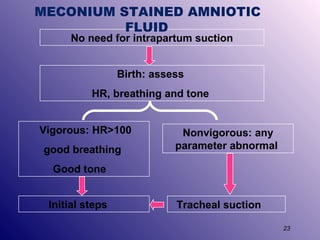 MECONIUM STAINED AMNIOTIC
FLUID
No need for intrapartum suction
Birth: assess
HR, breathing and tone
Vigorous: HR>100
good breathing

Nonvigorous: any
parameter abnormal

Good tone
Initial steps

Tracheal suction
23

 