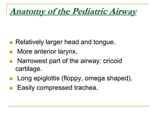 Anatomy of the Pediatric AirwayRelatively larger head and tongue. More anterior larynx. Narrowest part of the airway: cricoid cartilage. Long epiglottis (floppy, omega shaped). Easily compressed trachea.
