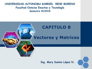 Vectores y
Matrices
CAPITULO
8
Ing. Mary Dunnia López N.
UNIVERSIDAD AUTONOMA GABRIEL RENE MORENO
Facultad Ciencias Exactas y Tecnología
Semestre II/2015
MAT20
4
 
