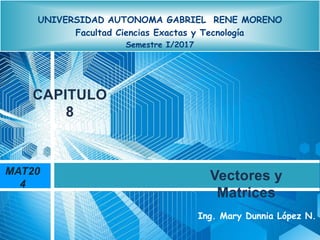 Vectores y
Matrices
CAPITULO
8
Ing. Mary Dunnia López N.
UNIVERSIDAD AUTONOMA GABRIEL RENE MORENO
Facultad Ciencias Exactas y Tecnología
Semestre I/2017
MAT20
4
 