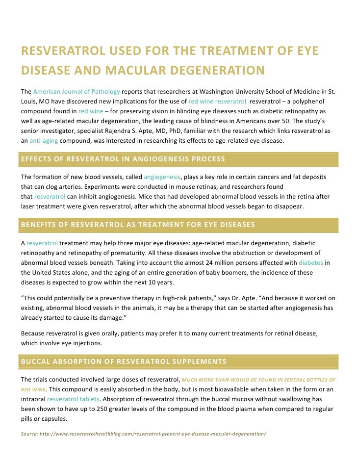 Resveratrol prevents eye disease and macular degeneration