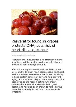Resveratrol found in grapes
protects DNA, cuts risk of
heart disease, cancer
Tuesday, January 06, 2015 by: Jennifer Lilley
(NaturalNews) Resveratrol is no stranger to news
headlines and the health-minded people who are
privy to various findings about it.
After all, the organic compound has been touted
for its ability to slash heart disease risks and boost
health. Findings have shown that it has the ability
to keep certain cancers at bay and help prevent
aging, and may even play a role in weight loss. It's
been eyed as the reason behind why many
cultures that enjoy wine seem to be in good
health, and has also been shown to help improve
spinal bone density in men who have metabolic
syndrome.
 