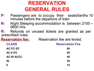 RESERVATION
GENERAL RULES
P: Passengers are to occupy their seats/berths 10
minutes before the departure of train
N: Night Sleeping accommodation is between 2100 –
0600 Hrs.
R: Refunds on unused tickets are granted as per
prescribed rules.
Reservation fee: Reservation fee are levied.
CLASS Reservation Fee
AC FC/ EC 60
AC II /FC 50
AC III/ ACCC 40
SL 20
II 15
 