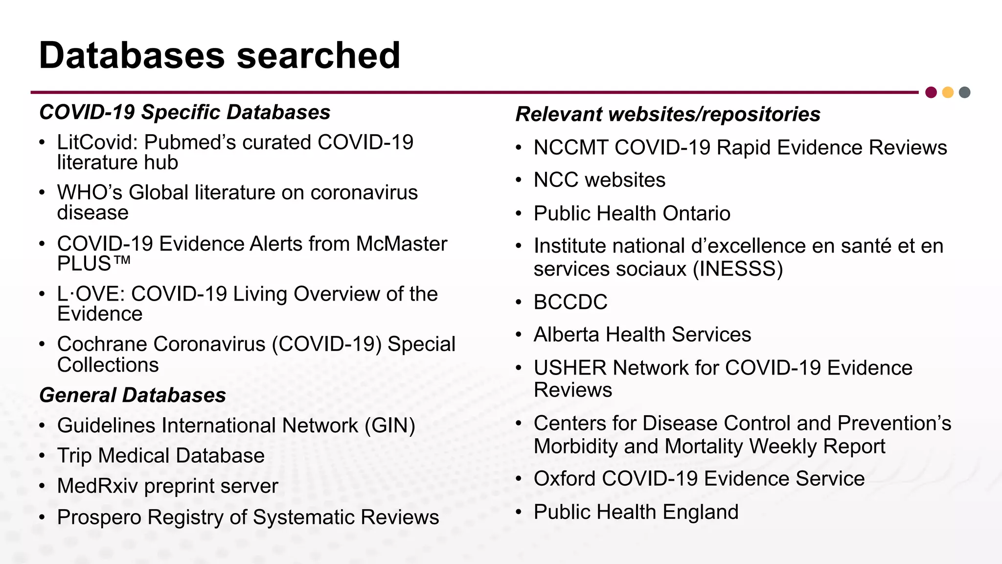 COVID-19 Specific Databases
• LitCovid: Pubmed’s curated COVID-19
literature hub
• WHO’s Global literature on coronavirus
disease
• COVID-19 Evidence Alerts from McMaster
PLUS™
• L·OVE: COVID-19 Living Overview of the
Evidence
• Cochrane Coronavirus (COVID-19) Special
Collections
General Databases
• Guidelines International Network (GIN)
• Trip Medical Database
• MedRxiv preprint server
• Prospero Registry of Systematic Reviews
Relevant websites/repositories
• NCCMT COVID-19 Rapid Evidence Reviews
• NCC websites
• Public Health Ontario
• Institute national d’excellence en santé et en
services sociaux (INESSS)
• BCCDC
• Alberta Health Services
• USHER Network for COVID-19 Evidence
Reviews
• Centers for Disease Control and Prevention’s
Morbidity and Mortality Weekly Report
• Oxford COVID-19 Evidence Service
• Public Health England
Databases searched
 