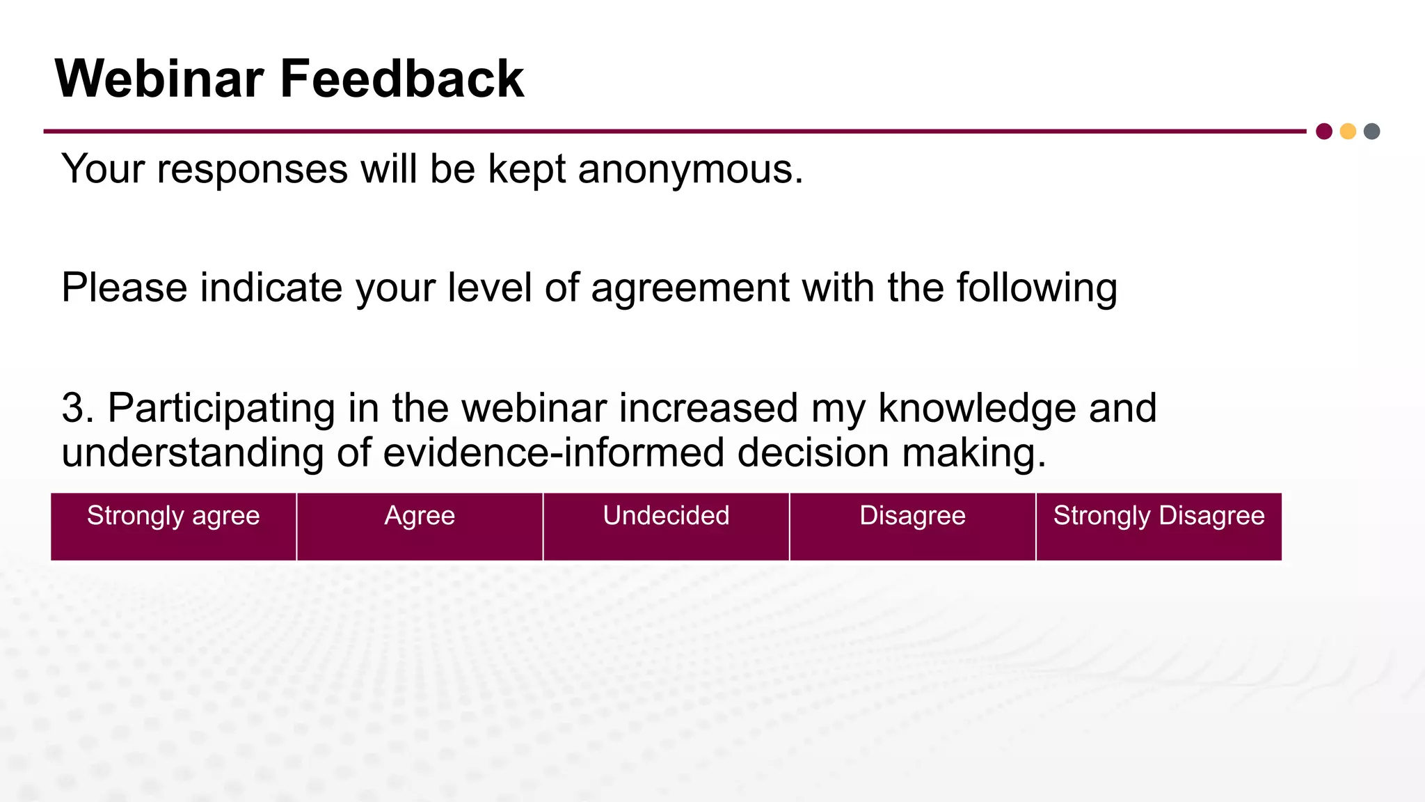 Webinar Feedback
Your responses will be kept anonymous.
Please indicate your level of agreement with the following
3. Participating in the webinar increased my knowledge and
understanding of evidence-informed decision making.
Strongly agree Agree Undecided Disagree Strongly Disagree
 