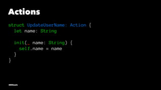 Actions
struct UpdateUserName: Action {
let name: String
init(_ name: String) {
self.name = name
}
}
@EliSawic
 