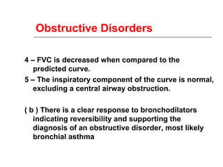 Obstructive Disorders 
4 – FVC is decreased when compared to the 
predicted curve. 
5 – The inspiratory component of the curve is normal, 
excluding a central airway obstruction. 
( b ) There is a clear response to bronchodilators 
indicating reversibility and supporting the 
diagnosis of an obstructive disorder, most likely 
bronchial asthma 
 