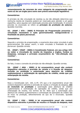 !∀#∃∀%&∋(&)∗%∀%+,∀&)−.∋/0∋12324∋5∋6789∋
:#&;<∋=>?∀−∋(−#&.∀)−∋0∋:#&;≅∋3∀,−#?& Α−.∃∋! !
!
:#&;≅∋=>?∀−∋(−#&.∀)−∋∋∋∋∋∋∋∋∋∋∋∋∋∋∋∋∋∋∋∋∋∋∋∋!!!∀#∃%&∋%#()∋∗+,∗−&∃+∃∀∗+.∀/&0!!!!!!!!!!!!!!!!!!!!!∀(!#∃!%%!
remanejamento de recursos de uma categoria de programação para
outra ou de um órgão para outro sem prévia autorização legislativa.
Comentários:
O princípio da não vinculação de receitas ou da não afetação determina que
nenhuma receita de impostos poderá ser reservada para atender a um gasto
específico, salvo aquelas com destinação prevista pela Constituição. O conceito
previsto no enunciado se refere ao princípio da proibição do estorno.
Questão incorreta.
52. (ESAF / ATA - 2009) O Princípio da Programação preconiza a
vinculação necessária à ação governamental, assegurando-se a
finalidade do plano plurianual.
Comentários:
Segundo o princípio da programação, o orçamento deve estar vinculado à ação
governamental. Ele passa, assim, a estar vinculado à finalidade do plano
plurianual. Questão correta.
53. (ESAF / ENAP - 2006) A Constituição Federal, em seu artigo 167,
ao vedar a vinculação de receita de impostos a órgãos, fundos ou
despesas, consagra o princípio orçamentário da “não-afetação das
receitas”.
Comentários:
De fato, é esse o conceito do princípio da não-afetação. Questão correta.
54. (ESAF / ANA - 2009) A lei orçamentária anual não conterá
dispositivo estranho à previsão da receita e à fixação da despesa,
incluída na proibição a autorização para abertura de créditos
suplementares e contratação de operações de crédito, ainda que por
antecipação de receita.
Comentários:
Reza a Constituição (art. 165, § 8º, CF) que a lei orçamentária anual não
conterá dispositivo estranho à previsão da receita e à fixação da despesa, não
se incluindo na proibição a autorização para abertura de créditos
suplementares e contratação de operações de crédito, ainda que por
antecipação de receita, nos termos da lei. Note que a autorização para
abertura de créditos suplementares e contratação de operações de crédito não
se inclui na proibição, diferentemente do que diz o enunciado. Questão
incorreta.
55. (ESAF / CGU - 2008) A lei orçamentária anual não conterá
dispositivo estranho à previsão da receita e à fixação da despesa, nem
Concurseiros Unidos Maior RATEIO da Internet
WWW.CONCURSEIROSUNIDOS.ORG
 
