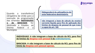não integrará a base de cálculo da receita
corrente líquida para fins de aplicação dos
limites de despesa de pessoal de que trata
o caput do art. 169.
INDIVIDUAIS → não integram a base de cálculo da RCL para fins
de limites da despesa com pessoal E de endividamento.
BANCADA → não integram a base de cálculo da RCL para fins de
limite da despesa com pessoal apenas.
Quando a transferência
obrigatória da União para a
execução da programação
das emendas INDIVIDUAIS
e de BANCADA for
destinada a Estados, ao
Distrito Federal e a
Municípios
INdependerá da adimplência do
ente federativo destinatário.
 