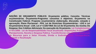 NOÇÕES DE ORÇAMENTO PÚBLICO: Orçamento público. Conceito. Técnicas
orçamentárias. Orçamento-Programa: conceitos e objetivos. Orçamento na
Constituição Federal. Proposta orçamentária: elaboração, discussão, votação e
aprovação. Plano Plurianual - PPA, Lei de Diretrizes Orçamentárias - LDO e Lei
Orçamentária Anual - LOA. Lei nº 4.320/1964: Da Lei de Orçamento; Da receita; Da
Despesa; Dos Créditos Adicionais; Da execução do Orçamento. Lei Complementar
nº101/2000 - Lei de Responsabilidade Fiscal atualizada: Disposições Preliminares,
Planejamento, Receita e Despesa Pública, Transferências voluntárias, Destinação
de Recursos para o Setor Privado, Dívida e Endividamento. Transparência,
controle e fiscalização
 