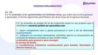 EMENDAS PARLAMENTARES
Art. 166
§ 2º As emendas serão apresentadas na Comissão mista, que sobre elas emitirá parecer,
e apreciadas, na forma regimental, pelo Plenário das duas Casas do Congresso Nacional.
§ 3º As emendas ao projeto de lei do orçamento anual ou aos projetos que o
modifiquem somente podem ser aprovadas caso:
I - sejam compatíveis com o plano plurianual e com a lei de diretrizes
orçamentárias;
II - indiquem os recursos necessários, admitidos apenas os provenientes de
anulação de despesa, excluídas as que incidam sobre:
a) dotações para pessoal e seus encargos;
b) serviço da dívida;
c) transferências tributárias constitucionais para Estados, Municípios e
Distrito Federal; ou
 