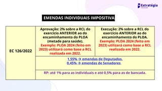 EC 126/2022
Aprovação: 2% sobre a RCL do
exercício ANTERIOR ao do
encaminhamento do PLOA
(metade para saúde).
Exemplo: PLOA 2024 (feito em
2023) utilizará como base a RCL
realizada em 2022.
Execução: 2% sobre a RCL do
exercício ANTERIOR ao do
encaminhamento do PLOA.
Exemplo: PLOA 2024 (feito em
2023) utilizará como base a RCL
realizada em 2022.
1,55% → emendas de Deputados.
0,45% → emendas de Senadores.
RP: até 1% para as individuais e até 0,5% para as de bancada.
EMENDAS INDIVIDUAIS IMPOSITIVAS
 