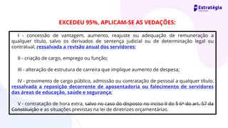 I - concessão de vantagem, aumento, reajuste ou adequação de remuneração a
qualquer título, salvo os derivados de sentença judicial ou de determinação legal ou
contratual, ressalvada a revisão anual dos servidores;
II - criação de cargo, emprego ou função;
III - alteração de estrutura de carreira que implique aumento de despesa;
IV - provimento de cargo público, admissão ou contratação de pessoal a qualquer título,
ressalvada a reposição decorrente de aposentadoria ou falecimento de servidores
das áreas de educação, saúde e segurança;
V - contratação de hora extra, salvo no caso do disposto no inciso II do § 6o do art. 57 da
Constituição e as situações previstas na lei de diretrizes orçamentárias.
EXCEDEU 95%, APLICAM-SE AS VEDAÇÕES:
 