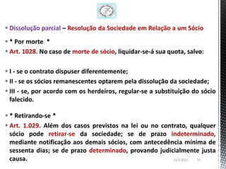  Dissolução parcial – Resolução da Sociedade em Relação a um Sócio
 * Por morte *
 Art. 1028. No caso de morte de sócio, liquidar-se-á sua quota, salvo:

 I - se o contrato dispuser diferentemente;
 II - se os sócios remanescentes optarem pela dissolução da sociedade;
 III - se, por acordo com os herdeiros, regular-se a substituição do sócio
  falecido.

 * Retirando-se *
 Art. 1.029. Além dos casos previstos na lei ou no contrato, qualquer
  sócio pode retirar-se da sociedade; se de prazo indeterminado,
  mediante notificação aos demais sócios, com antecedência mínima de
  sessenta dias; se de prazo determinado, provando judicialmente justa
  causa.                                                11/1/2013 53
 