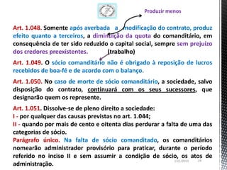 Produzir menos

Art. 1.048. Somente após averbada a modificação do contrato, produz
efeito quanto a terceiros, a diminuição da quota do comanditário, em
consequência de ter sido reduzido o capital social, sempre sem prejuízo
dos credores preexistentes.       (trabalho)
Art. 1.049. O sócio comanditário não é obrigado à reposição de lucros
recebidos de boa-fé e de acordo com o balanço.
Art. 1.050. No caso de morte de sócio comanditário, a sociedade, salvo
disposição do contrato, continuará com os seus sucessores, que
designarão quem os represente.
Art. 1.051. Dissolve-se de pleno direito a sociedade:
I - por qualquer das causas previstas no art. 1.044;
II - quando por mais de cento e oitenta dias perdurar a falta de uma das
categorias de sócio.
Parágrafo único. Na falta de sócio comanditado, os comanditários
nomearão administrador provisório para praticar, durante o período
referido no inciso II e sem assumir a condição de sócio, os atos de
                                                            13/1/2013 24
administração.
 