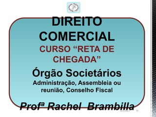 DIREITO
   COMERCIAL
    CURSO “RETA DE
      CHEGADA”
  Órgão Societários
  Administração, Assembleia ou
    reunião, Conselho Fiscal

Profª Rachel Brambilla       13/1/2013   32
 