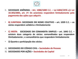 II. SOCIEDADE ANÔNIMA – Art. 1088/1089 C.C. – Lei 6404/1976 c/c Lei
    10.303/2001, art. 1º: Os acionistas respondem limitadamente pelo
    pagamento das ações que adquirir.

   B) ILIMITADA: SOCIEDADE EM NOME COLETIVO – art. 1039 C.C. – os
    sócios respondem solidária e ilimitadamente

   C) MISTA: SOCIEDADE EM COMANDITA SIMPLES – art. 1045 C.C. –
    existem duas categoria de sócios: comanditados que respondem
    ilimitadamente ; e comanditários que respondem limitadamente
   2) Quanto a participação dos sócios:

A) SOCIEDADES DO CÓDIGO CIVIL – Sociedades de Pessoas
B) SOCIEDADES POR AÇÕES – Sociedades de Capital
                                                     13/1/2013   49
 