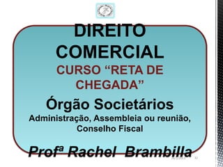 DIREITO
      COMERCIAL
      CURSO “RETA DE
        CHEGADA”
   Órgão Societários
Administração, Assembleia ou reunião,
           Conselho Fiscal

Profª Rachel Brambilla          26/1/2013   32
 