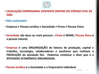  LEGISLAÇÃO EMPRESARIAL EXISTENTE DENTRO DO CÓDIGO CIVIL DE
  2002
 Não confundam:
 Empresa ≠ Pessoa Jurídica ≠ Sociedade ≠ Firma ≠ Pessoa Física

 Sociedade são duas ou mais pessoas ; Firma é NOME; Pessoa física é
  a pessoa natural;

 Empresa é uma ORGANIZAÇÃO de fatores de produção, capital e
  trabalho, tecnologia, colaboradores e auxiliares que realizam a
  PRODUÇÃO da atividade fim. Podemos sintetizar e dizer que é a
  ATIVIDADE ECONÔMICA ORGANIZADA.

 Pessoa Jurídica é a Sociedade e o Empresário Individual
                                                            26/1/2013   9
 