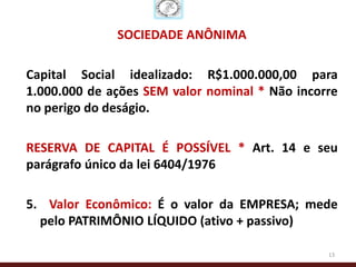 SOCIEDADE ANÔNIMA

Capital Social idealizado: R$1.000.000,00 para
1.000.000 de ações SEM valor nominal * Não incorre
no perigo do deságio.

RESERVA DE CAPITAL É POSSÍVEL * Art. 14 e seu
parágrafo único da lei 6404/1976

5. Valor Econômico: É o valor da EMPRESA; mede
  pelo PATRIMÔNIO LÍQUIDO (ativo + passivo)

                                                13
 