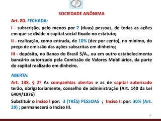 SOCIEDADE ANÔNIMA
Art. 80. FECHADA:
I - subscrição, pelo menos por 2 (duas) pessoas, de todas as ações
em que se divide o capital social fixado no estatuto;
II - realização, como entrada, de 10% (dez por cento), no mínimo, do
preço de emissão das ações subscritas em dinheiro;
III - depósito, no Banco do Brasil S/A., ou em outro estabelecimento
bancário autorizado pela Comissão de Valores Mobiliários, da parte
do capital realizado em dinheiro.
ABERTA:
Art. 138. § 2º As companhias abertas e as de capital autorizado
terão, obrigatoriamente, conselho de administração (Art. 140 da Lei
6404/1976)
Substituir o inciso I por: 3 (TRÊS) PESSOAS ; Inciso II por: 30% (Art.
29) ; permanecerá o Inciso III.
                                                                    19
 
