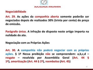 SOCIEDADE ANÔNIMA
Negociabilidade
Art. 29. As ações da companhia aberta somente poderão ser
negociadas depois de realizados 30% (trinta por cento) do preço
de emissão.

Parágrafo único. A infração do disposto neste artigo importa na
nulidade do ato.

Negociação com as Próprias Ações

Art. 30. A companhia não poderá negociar com as próprias
ações. § 1º Nessa proibição não se compreendem: a,b,c,d –
resgate – resolvida por Assembléia Geral (Art. 44 §
1º), amortização (Art. 44 § 2º), reembolso (Art. 45)
                                                            20
 