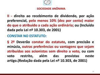 SOCIEDADE ANÔNIMA

II - direito ao recebimento de dividendo, por ação
preferencial, pelo menos 10% (dez por cento) maior
do que o atribuído a cada ação ordinária; ou (Incluído
dada pela Lei nº 10.303, de 2001)
CONSTAR NO ESTATUTO:
§ 2º Deverão constar do estatuto, com precisão e
minúcia, outras preferências ou vantagens que sejam
atribuídas aos acionistas sem direito a voto, ou com
voto     restrito,  além    das    previstas    neste
artigo.(Redação dada pela Lei nº 10.303, de 2001)

                                                    29
 