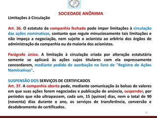 SOCIEDADE ANÔNIMA
Limitações à Circulação

Art. 36. O estatuto da companhia fechada pode impor limitações à circulação
das ações nominativas, contanto que regule minuciosamente tais limitações e
não impeça a negociação, nem sujeite o acionista ao arbítrio dos órgãos de
administração da companhia ou da maioria dos acionistas.

Parágrafo único. A limitação à circulação criada por alteração estatutária
somente se aplicará às ações cujos titulares com ela expressamente
concordarem, mediante pedido de averbação no livro de "Registro de Ações
Nominativas".

SUSPENSÃO DOS SERVIÇOS DE CERTIFICADOS
Art. 37. A companhia aberta pode, mediante comunicação às bolsas de valores
em que suas ações forem negociadas e publicação de anúncio, suspender, por
períodos que não ultrapassem, cada um, 15 (quinze) dias, nem o total de 90
(noventa) dias durante o ano, os serviços de transferência, conversão e
desdobramento de certificados.
                                                                       35
 
