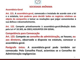 SOCIEDADE ANÔNIMA
Assembleia-Geral
Art. 121. A assembleia-geral, convocada e instalada de acordo com a lei
e o estatuto, tem poderes para decidir todos os negócios relativos ao
objeto da companhia e tomar as resoluções que julgar convenientes à
sua defesa e desenvolvimento.
Art. 122. Compete privativamente à assembleia-geral:(Redação dada
pela Lei nº 10.303, de 2001) ASSUNTOS EM GERAL.
Competência para Convocação
Art. 123. Compete ao conselho de administração, se houver, ou
aos diretores, observado o disposto no estatuto, convocar a
assembleia-geral.
Parágrafo único. A assembleia-geral pode também ser
convocada: Pelo Conselho Fiscal, acionistas se o Conselho de
Administração negligenciar.
                                                                    40
 