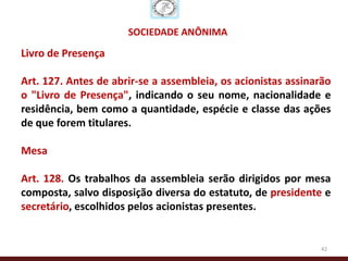 SOCIEDADE ANÔNIMA

Livro de Presença

Art. 127. Antes de abrir-se a assembleia, os acionistas assinarão
o "Livro de Presença", indicando o seu nome, nacionalidade e
residência, bem como a quantidade, espécie e classe das ações
de que forem titulares.

Mesa

Art. 128. Os trabalhos da assembleia serão dirigidos por mesa
composta, salvo disposição diversa do estatuto, de presidente e
secretário, escolhidos pelos acionistas presentes.


                                                              42
 