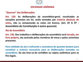 SOCIEDADE ANÔNIMA

"Quorum" das Deliberações
Art. 129. As deliberações da assembleia-geral, ressalvadas as
exceções previstas em lei, serão tomadas por maioria absoluta de
votos, não se computando os votos em branco. (Art. 87 § 3º -
Assembleia de Constituição é outro quorum)
Ata da Assembleia
Art. 130. Dos trabalhos e deliberações da assembleia será lavrada, em
livro próprio, ata assinada pelos membros da mesa e pelos acionistas
presentes.

Para validade da ata é suficiente a assinatura de quantos bastem para
constituir a maioria necessária para as deliberações tomadas na
assembleia. Da ata tirar-se-ão certidões ou cópias autênticas para os
fins legais.
                                                                  45
 